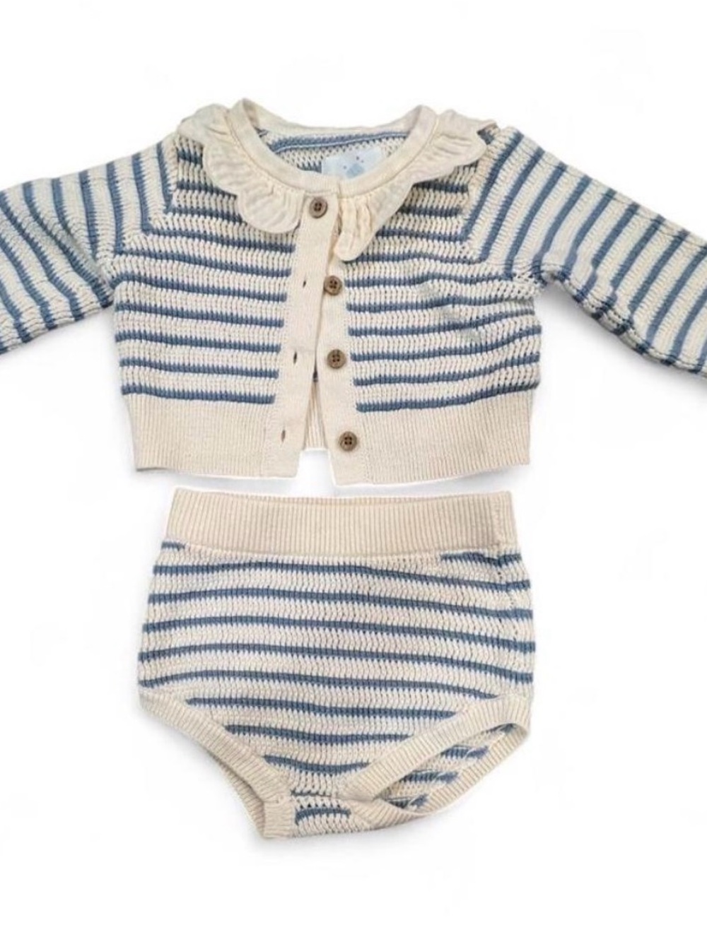 cloud island Cream & Blue Striped Knit Cardigan and Bloomer Set